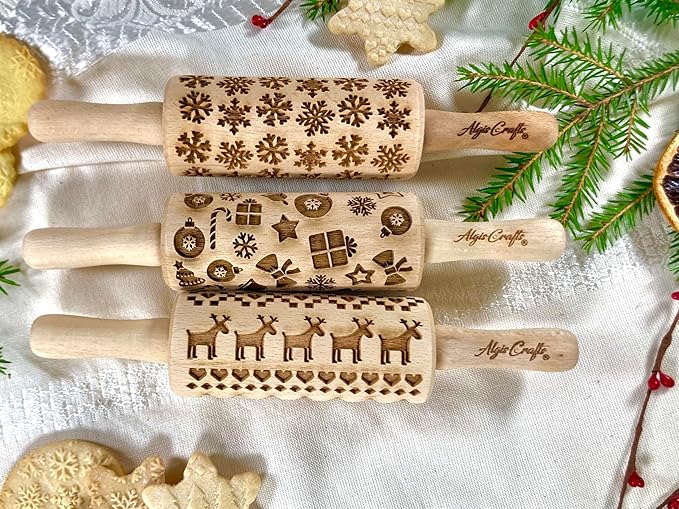 CHRISTMAS 3 KID ROLLING PIN SET WOODEN LASER ENGRAVED EMBOSSED DOUGH ROLLER for EMBOSSED COOKIES by AlgisCrafts
