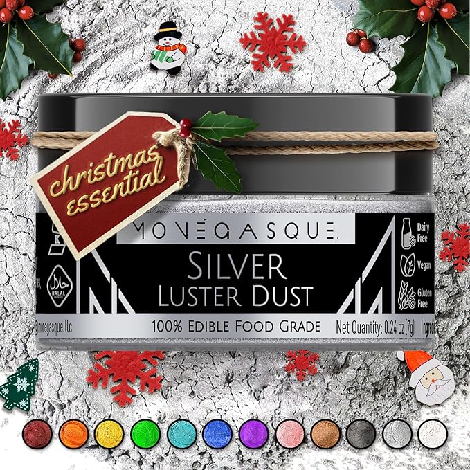 MONÉGASQUE Silver Edible Glitter for Drinks 7g – Edible Glitter for Cakes & Cocktails – Luster Dust for Drinks, Cocktail, & Cakes – Silver Christmas Cake Decorations Spray Sprinkles & Drink Shimmer