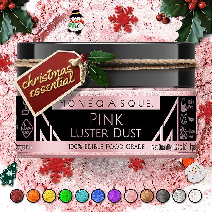 MONÉGASQUE Pink Edible Glitter for Drinks 7g – Edible Glitter for Cakes & Cocktails – Pink Luster Dust Christmas Sprinkles for Cupcakes – Cake Decorations Spray & Drink Shimmer Powder – Cake Toppers