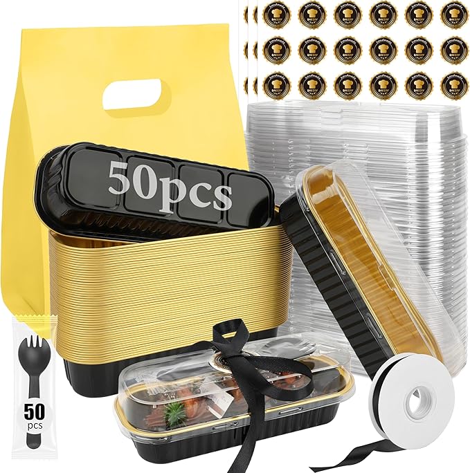 OcePor 50 Pack Mini Loaf Pans With Lids，Mini Cake Pans With Lids and Spoons，6.8oz Bread Loaf Pans Disposable，Small Aluminum Cake Tins,Baking Pans Individual (Black&Gold)