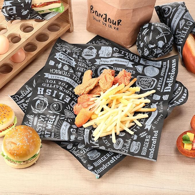 200 Pcs Deli Wax Paper Sheets 15 x 15 Inch Large Newsprint Sandwich Paper Wraps Greaseproof Food Basket Liners Newspaper Wrapping Square for Halloween Christmas Burger Bread BBQ Picnic (Black White)
