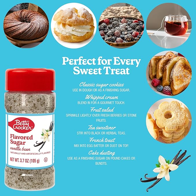 Betty Crocker Vanilla Bean Flavored Sugar – Classic Dessert Sugar for Baking, Drinks & More, 3.7 oz