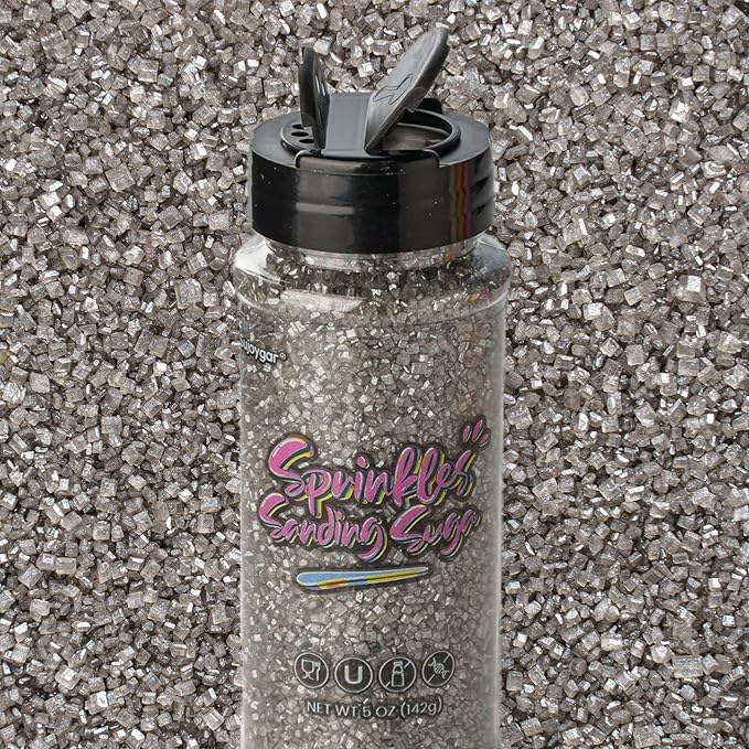 Sujoygar Silver Saning Sugar Sprinkles, 5oz Edible Silver Grey Sugar Crystals for Cocktails, Cake Sprinkles for Chocolate Ice Cream Toppings Cupcake Decoration Wedding Party Cookies Baking Dessert Food Supplies