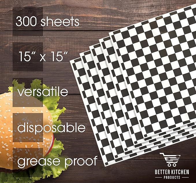 Better Kitchen Products 300-Count Extra Large Checkered Deli Dry Wax Paper Sheets, 15 x 15 inch, Greaseproof Deli Wrap for Foodservice, Food Basket Liners, Disposable Liners for Food Concession