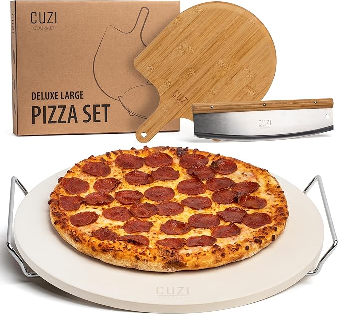 Cuzi Gourmet 4-Piece Large Pizza Stone Set - 13" Thermal Shock Resistant Cordierite Pizza Stone with Handle Rack, 19" Natural Bamboo Pizza Peel & Pizza Cutter - Large Baking Stone for Grill and Oven