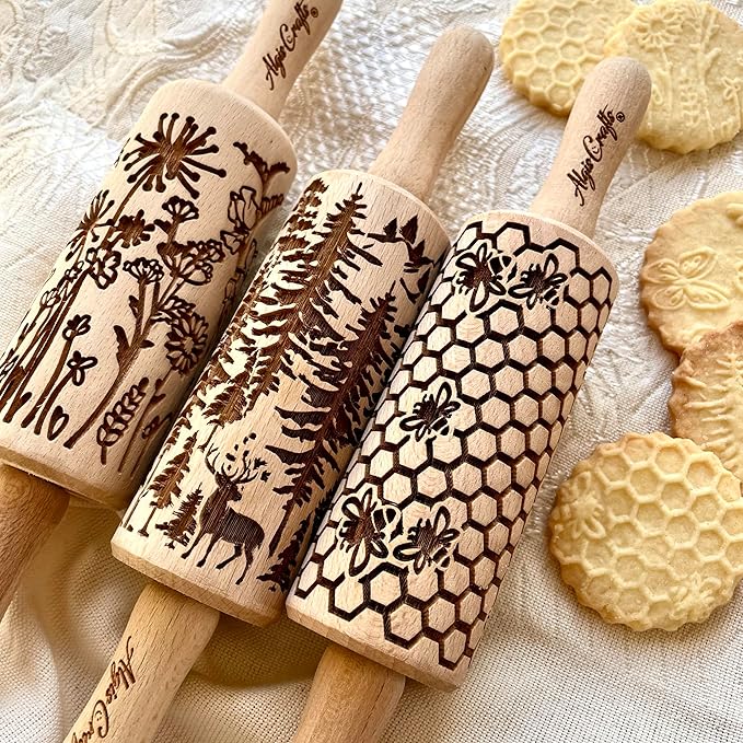 3 mini Embossed Rolling Pin Set WILD with Bees, Meadow and Forest Patterns by Algis Crafts for Cookies and Pottery by Algis Crafts