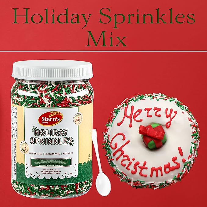 Christmas Sprinkles | 1.5 lb Holiday Jimmies | Red, White & Green Holiday Sprinkles for Baking, Cake Decorating | Dairy & Nut Free | Non-GMO | Stern’s Bakery
