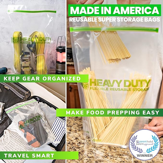 Smelly Proof HEAVY DUTY Reusable STAND-UP Bags for Food Storage, USA Made, NO PEVA & BPA FREE, Reusable Freezer Bags, Dishwasher-Safe, Triple Zip, CLEAR 5-mils XXL 2-Gallon 12" x 16" - 5pk