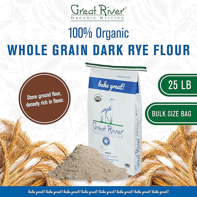 Great River Organic Milling Organic Dark Rye Flour | Whole Grain, Non-GMO, Kosher, Unbromated | Earthy Flavor for Rye Bread, Sourdough Starter, Bagels, Crackers & Artisan Baking | 25 Lb