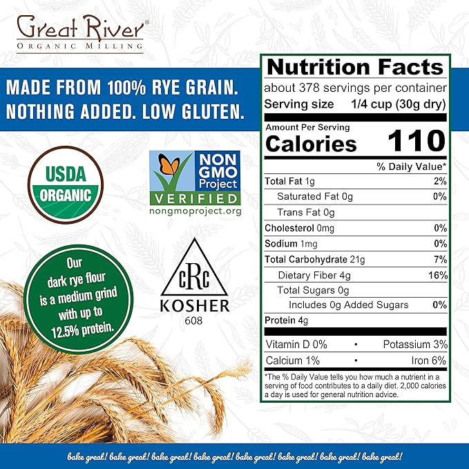 Great River Organic Milling Organic Dark Rye Flour | Whole Grain, Non-GMO, Kosher, Unbromated | Earthy Flavor for Rye Bread, Sourdough Starter, Bagels, Crackers & Artisan Baking | 25 Lb