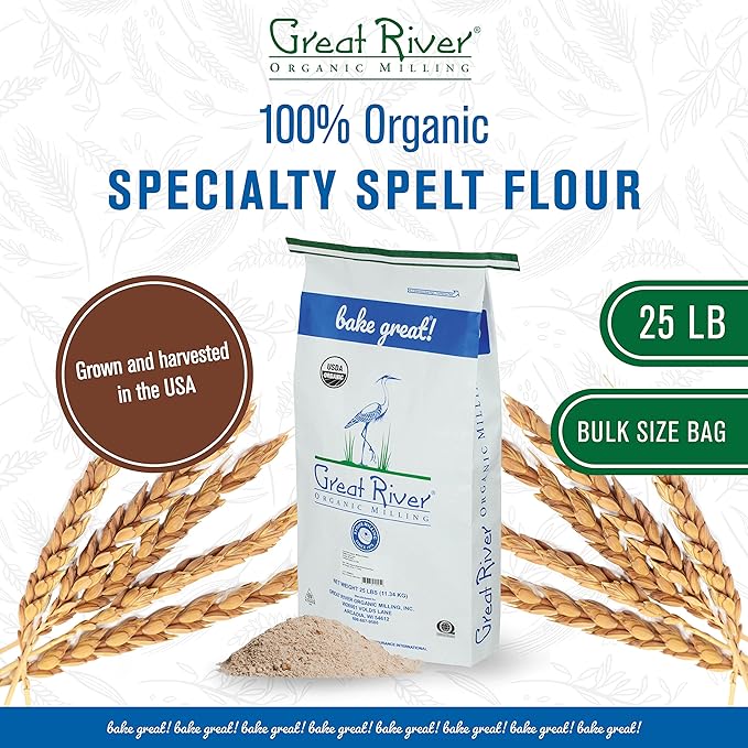 Great River Organic Milling Organic Spelt Flour | Whole Grain Ancient Wheat Flour | USDA Organic, Non-GMO, Kosher | High Fiber, Mild Flavor | Ideal for Baking Breads, Muffins & More | 25 Lb (Pack of 1)