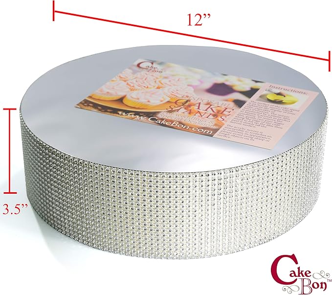 Cakebon Cake Stands - 12" Silver with Faux Rhinestones for Cakes and Pastries - Lightweight Polystyrene Foam for Party, Sturdy Wedding Cake Stand