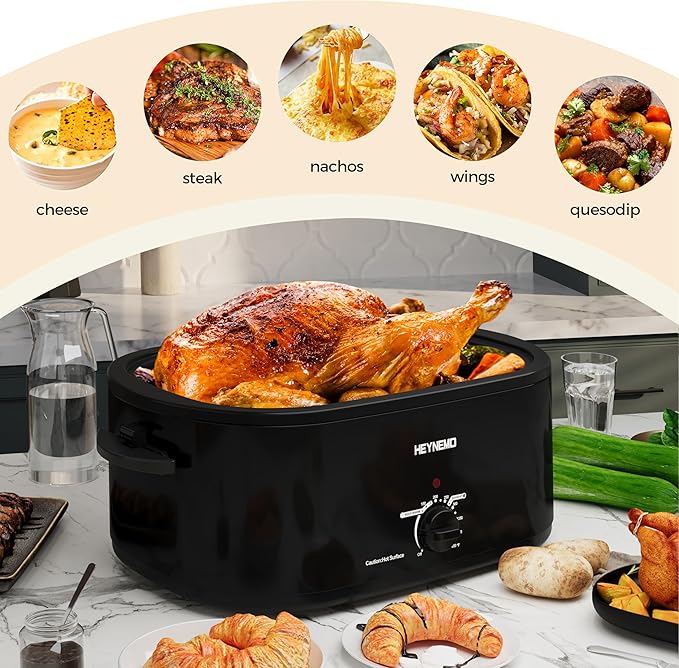 22 Quart Electric Roaster Oven with Visible & Self-Basting Lid, Large Turkey Roaster with Defrost Warm Function, Adjustable Temperature, Removable Pan Rack, Stainless Steel
