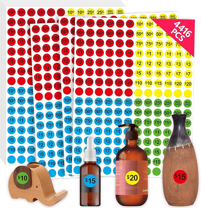 4416 PCS Pre-Priced Pricing Stickers, Sale Labels in 4 Bright Colors (Yellow/Red/Green/Cyan), Price Tag Stickers for Yard/Garage Sale, Flea Market (3/4” in Diameter)
