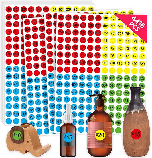 4416 PCS Pre-Priced Pricing Stickers, Sale Labels in 4 Bright Colors (Yellow/Red/Green/Cyan), Price Tag Stickers for Yard/Garage Sale, Flea Market (3/4” in Diameter)