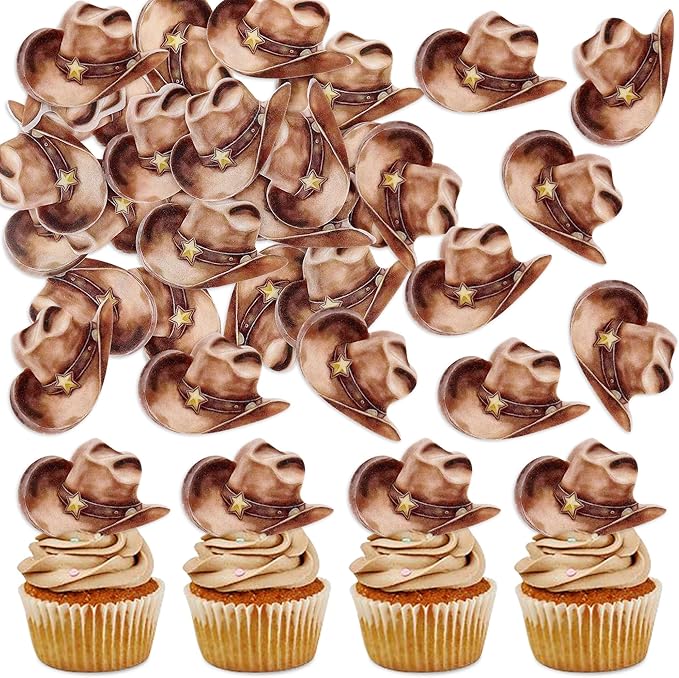 Cowboy Cupcake Toppers 40Pcs Edible Glitter Cowboy Hat Cake Decorations with Picks, Western Theme Party Supplies for Baby Shower & Kids Birthday Decor