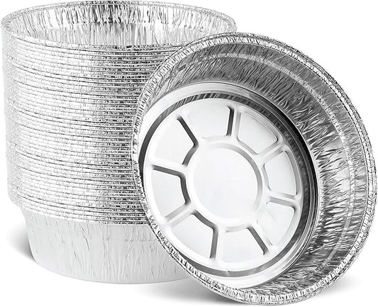 PLASTICPRO 9'' Inch Deep Round Tin Foil Pans Disposable Aluminum, Freezer & Oven Safe - For Baking, Cooking, Storage, Roasting, & Reheating, Pack of 50