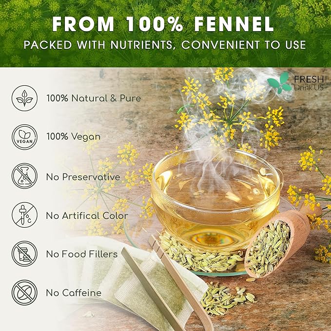FreshDrinkUS, Premium 55 Fennel Tea Bags, 100% Natural & Pure from Fennel Seeds. Made with Natural Material Tea Bags. No Sugar, No Caffeine, No Gluten, Vegan.