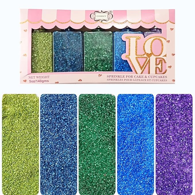 Confect Sprinkles- 5 Pack Assorted Edible Sugar Crystals in Parrot Green, Green, Blue, Purple & Midnight Blue – Decorative Toppings for Cakes, Cupcakes & Cookies – Vegan, Gluten-Free, Nut-Free, Soy-Free, Dairy-Free, Palm Oil-Free, dye-Free-5 Oz