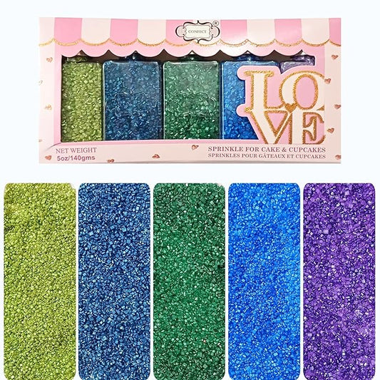 Confect Sprinkles- 5 Pack Assorted Edible Sugar Crystals in Parrot Green, Green, Blue, Purple & Midnight Blue – Decorative Toppings for Cakes, Cupcakes & Cookies – Vegan, Gluten-Free, Nut-Free, Soy-Free, Dairy-Free, Palm Oil-Free, dye-Free-5 Oz