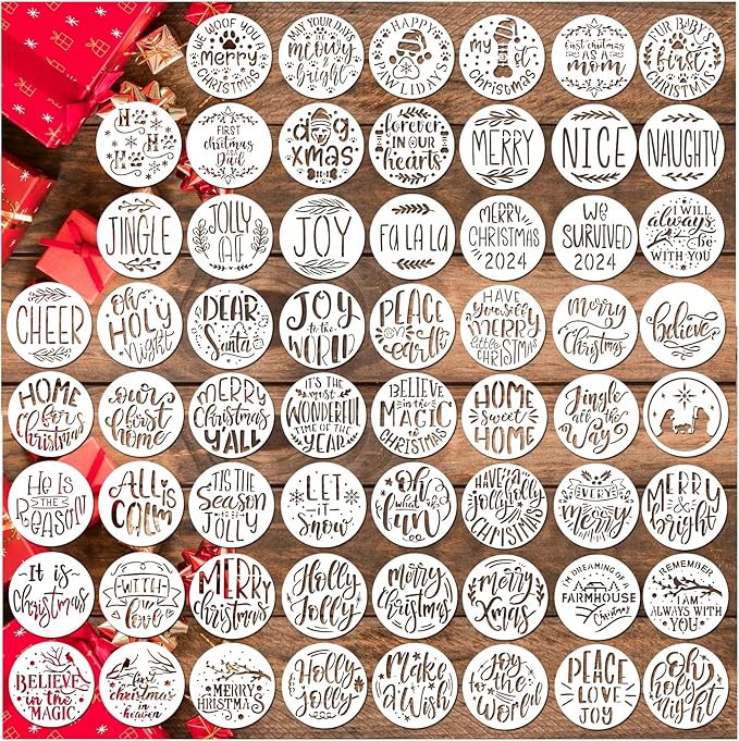60pcs Christmas Stencils for Painting on Wood 3 Inch Small Nativity Ornament Reusable Holiday Xmas Drawing Stencil Templates for Wood DIY Crafts Card Paper Gift Home (Christmas Three)