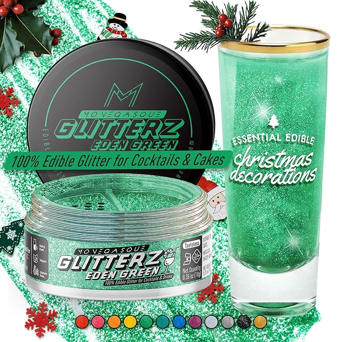 MONÉGASQUE Eden Green Edible Glitter for Drinks 10g – Edible Glitter for Cakes & Cocktails – Christmas Sprinkles for Cake – Food Coloring Spray for Cake Decorations – Cocktail Drink Shimmer Powder