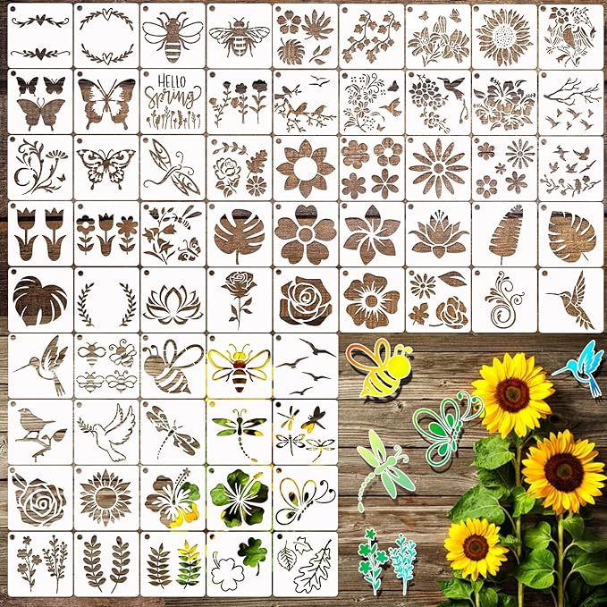 65Pcs Small Stencils for Painting on Wood Reusable, 3 Inch Reusable Stencil for Craft Ornament Paint Template Stencils for Wall Card Rock Wood Signs Coasters Canvas Home Decor (Flower)