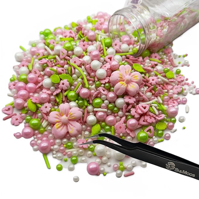 Edible Pink Flowers for Cake Decorating Edible Mini Sugar Flowers Pink and Green Pearl Sprinkles Spring Sprinkles Baby Shower Cake Decorations Christmas Cookie Decorations 3.5 OZ with Tweezers