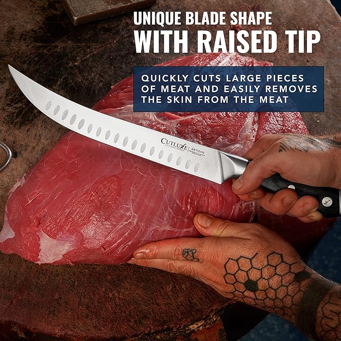 Cutluxe Butcher Knife – 10″ Cimeter Breaking Knife, Razor Sharp Forged High Carbon German Steel, Full Tang Meat Carving Knife, Ergonomic Handle Design, Grilling Gifts for Men – Artisan Series