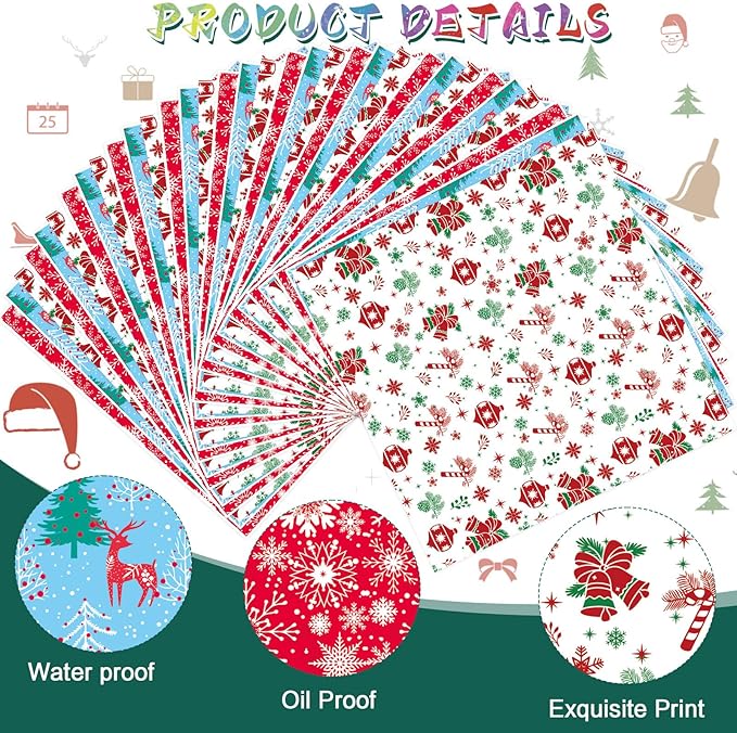 CCINEE 150 Pcs Christmas Wax Paper Sheets for Food, Greaseproof Wrapping Tissue Bulk for Deli Baking, Picnic, Sandwich, Cookies, Oilproof Basket Liners (9.84 x 9.84 Inch)