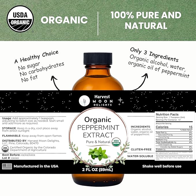 Organic Peppermint Extract for Baking, Ice Cream, Drinks, and Candy - 2 oz - Water-Soluble - By Harvest Moon Delights - Pure Peppermint Flavoring, Mint Extract