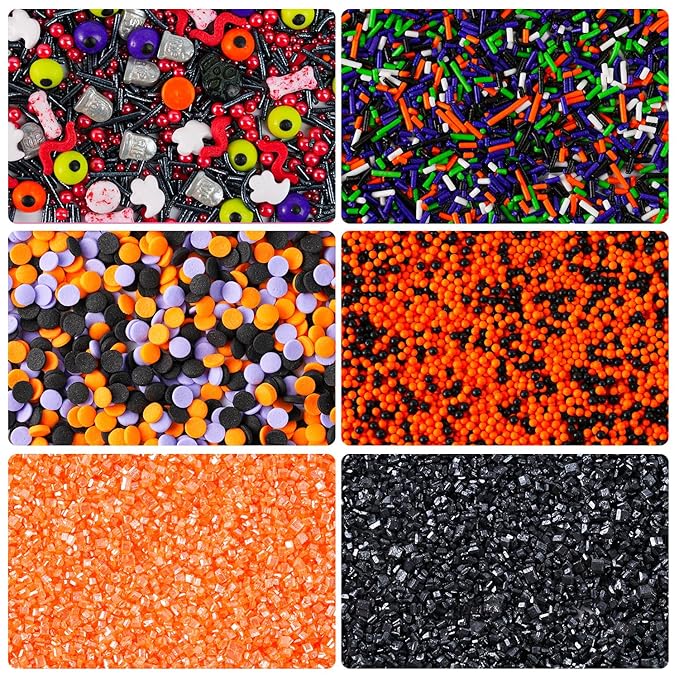 Halloween Sprinkles Mix - 6.35 oz 6 Variety Packs | Candy Eyeballs, Skull, Ghost, Tombstone, Black Orange Purple Green Nonpareils, Jimmies, Confetti & Sanding Sugar for Cake Decorating Cookies Cupcake Spooky Party