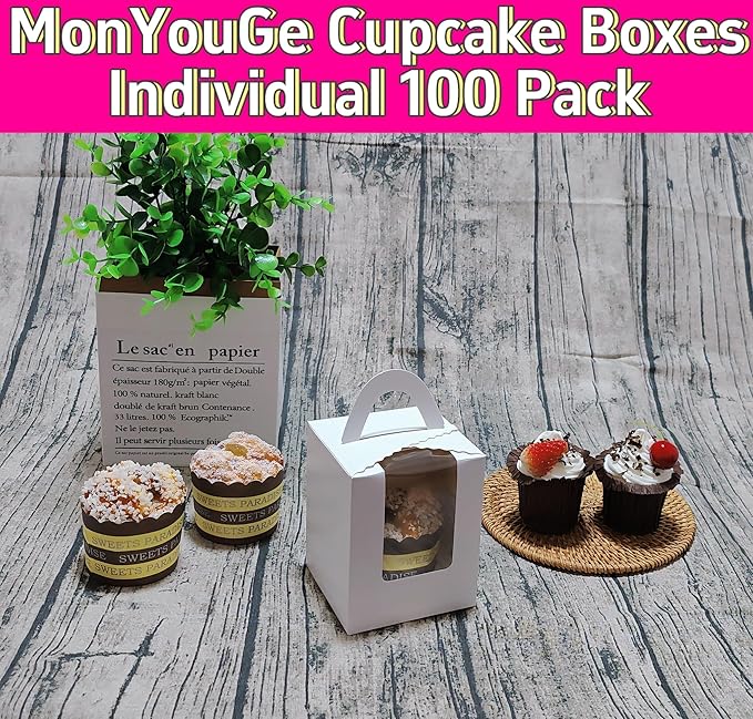 100-Set Individual Cupcake Boxes Bulk with Clear Display Window, Disposable Food Grade White Cupcake Carrier Cupcake Container, Perfect for Cupcakes Muffins Cookies Pastries