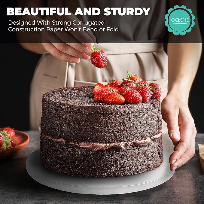O’Creme Cake Board, White Round Cake Circles with Gorgeous Design, Sturdy & Durable 1/2” Thick Cake Drums, Round Cake Boards with 24” Diameter, Pack of 5 Disposable Cake Drums
