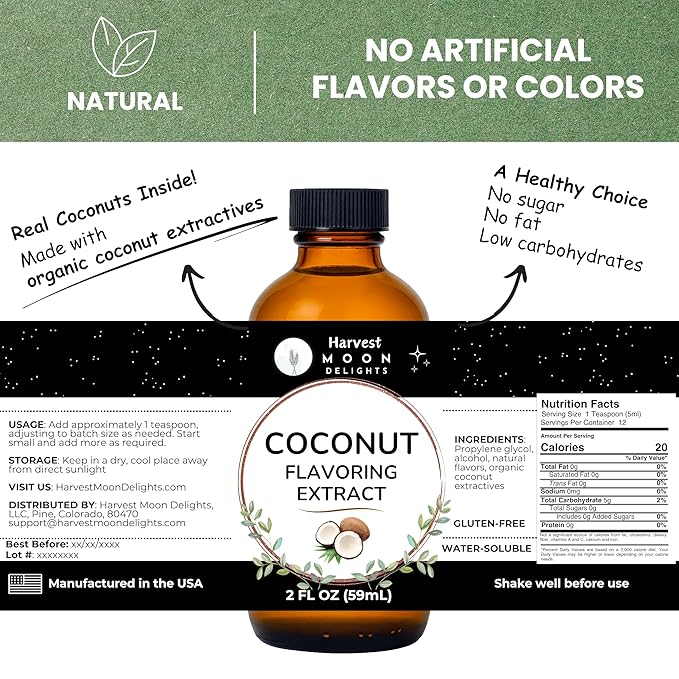 Natural Coconut Extract - 2 oz - Water-Soluble - By Harvest Moon Delights - Coconut Extract for Baking, Ice Cream, Drinks, and Candy - Flavoring, Flavor - Sugar-Free