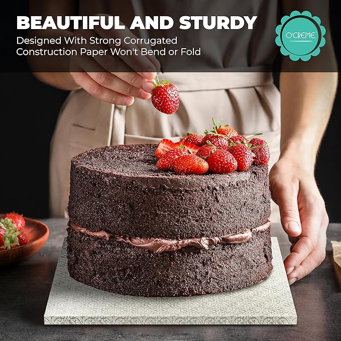O'Creme Silver Foil Square Cake Board - Gorgeous Design, Sturdy & Durable 1/2" Thick Drums, 14" x 14" Inch, Pack of 5 Disposable