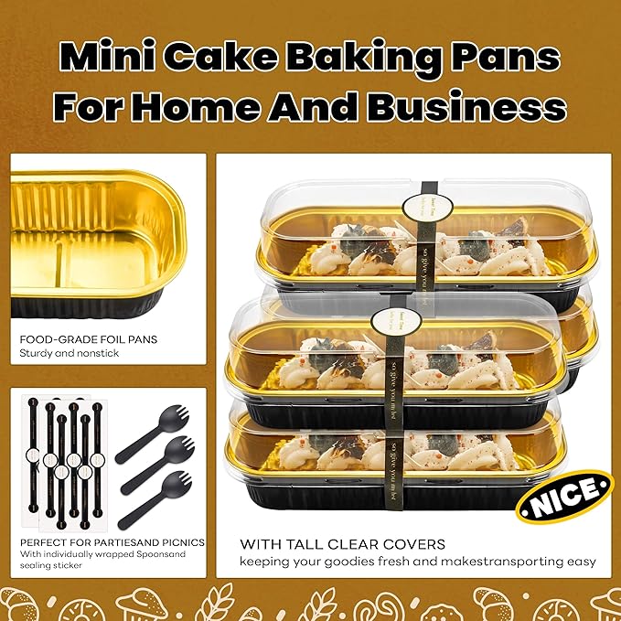 Mini Loaf Pans with Lids and Spoons Rectangular Aluminum Foil Baking Pans Mini Cheesecake Containers 6.8 Oz(120 Pack, Black Gold)