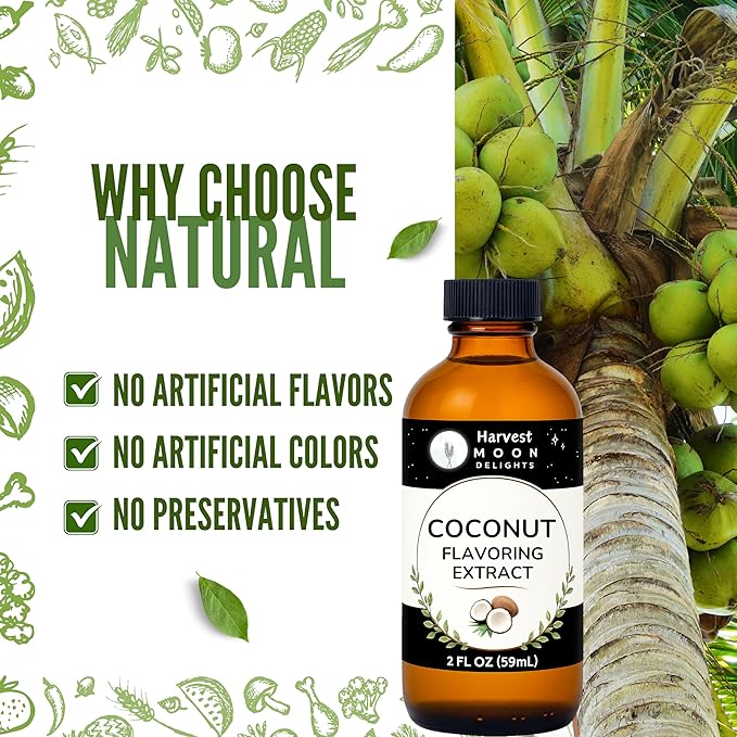 Natural Coconut Extract - 2 oz - Water-Soluble - By Harvest Moon Delights - Coconut Extract for Baking, Ice Cream, Drinks, and Candy - Flavoring, Flavor - Sugar-Free