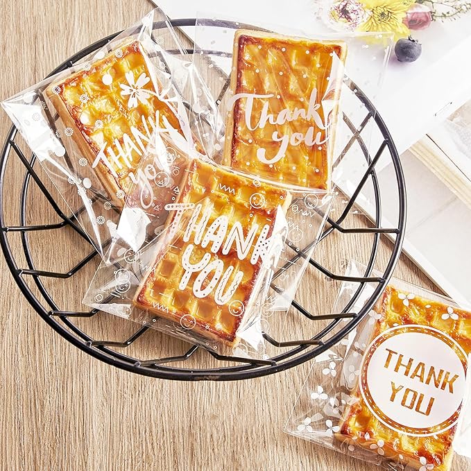 Jutieuo 300pcs Self Adhesive Thank You Cookie Bags, 4x4 Inch Small Clear Cellophane Bags Individual Treat Bags for Packaging, Party Favor, Bake Sale, Gift Giving