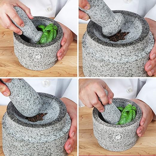 Laevo Mortar and Pestle Set (Large) - Stone Spice Grinder - Grinding Bowl and Pestle - Reversible Molcajete Mexicano - Large Mortar and Pestles Set for Guacamole, Spices - 2.1 Cup, Gray Granite