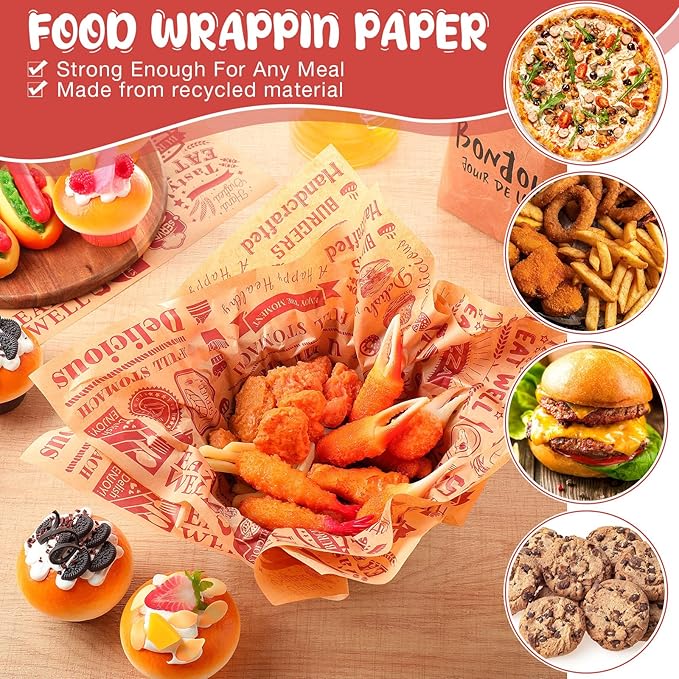 200 Pcs Deli Wax Paper Sheets 15 x 15 Inch Large Newsprint Sandwich Paper Wraps Greaseproof Food Basket Liners Newspaper Wrapping Square for Halloween Christmas Burger Bread BBQ Picnic (Brown Red)