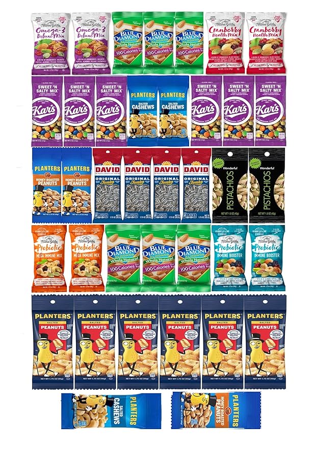 Nuts Individual Packs - Healthy Snacks for Adults that includes Raw Almonds, Pistachios in shell, Sunflower seeds, and Planters nuts - Trail Mix Individual Packs - Perfect hiking snacks and travel snacks. (38 PACK)