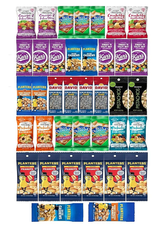 Nuts Individual Packs - Healthy Snacks for Adults that includes Raw Almonds, Pistachios in shell, Sunflower seeds, and Planters nuts - Trail Mix Individual Packs - Perfect hiking snacks and travel snacks. (38 PACK)