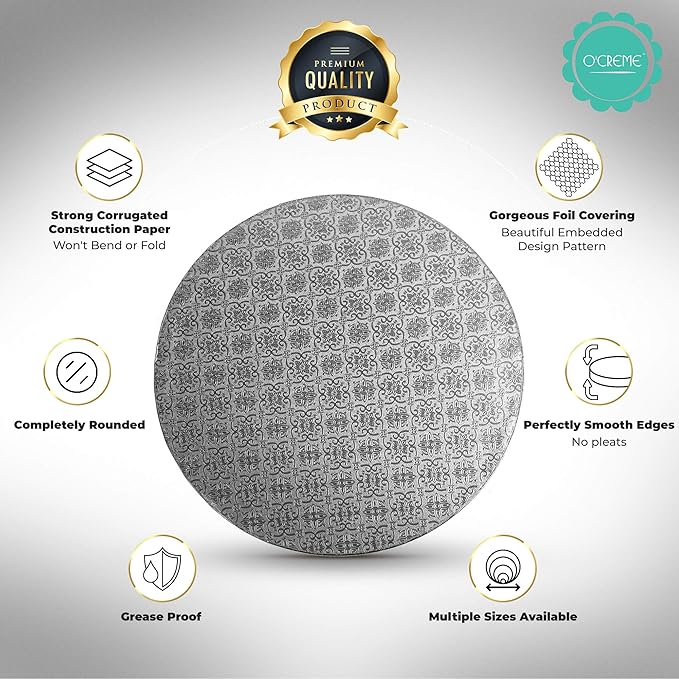 O’Creme Cake Board, Silver Foil Round Cake Circles with Gorgeous Design, Sturdy & Durable 1/2” Thick Cake Drums, Round Cake Boards with 10” Diameter, Pack of 5 Disposable Cake Drums