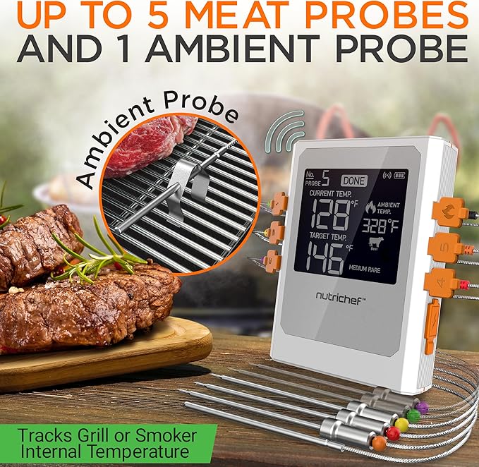 Nutrichef Wireless Meat Thermometer with 2 Stainless Steel Probes, Bluetooth and WiFi Smartphone App for Monitoring Food Temp and Remote Alerts, Digital Display, for Grilling and BBQ Smoking