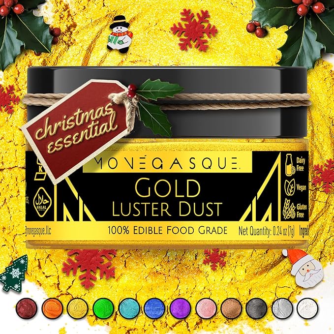 MONÉGASQUE Gold Edible Glitter for Drinks 7g – Edible Glitter for Cakes & Cocktails - Gold Luster Dust for Cocktail, Cake Decorating, Food Decorations Christmas Sprinkles Spray - Drink Shimmer Powder