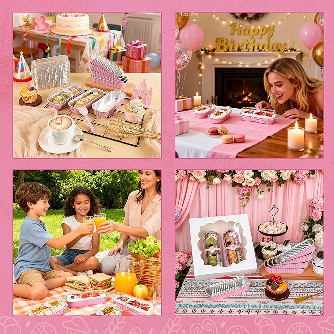 50 PACK Mini Cake Pans with Lids and Spoons,Rectangular Aluminum Foil Bread Pan,Mini Loaf Pans and Food Containers with Lids(Pink,6.8oz)