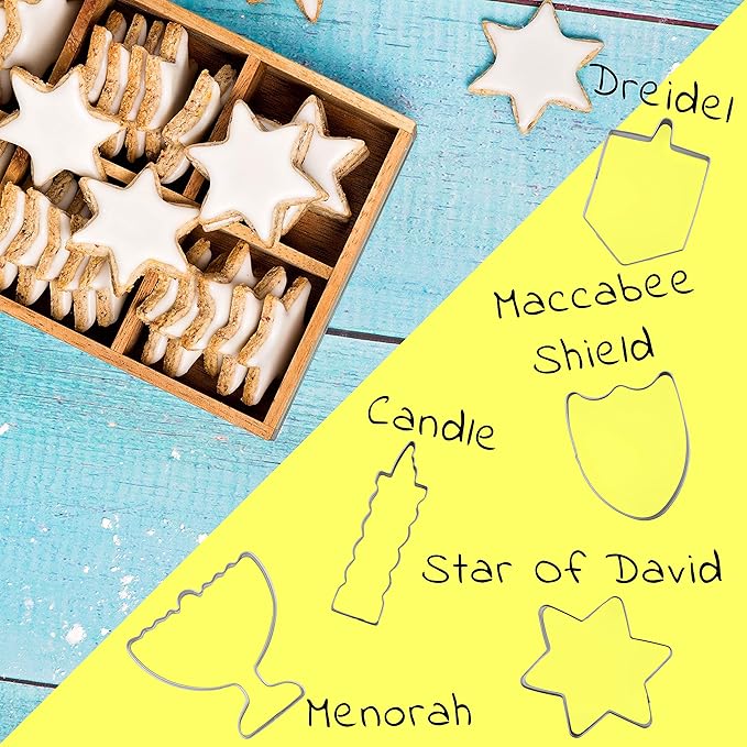 Hanukkah Fun Stainless Steel Cookie Cutters Molds Set of 5 Chanukah Story Shapes - Menorah - Dreidel - Candle - Maccabee Shield - Star of David