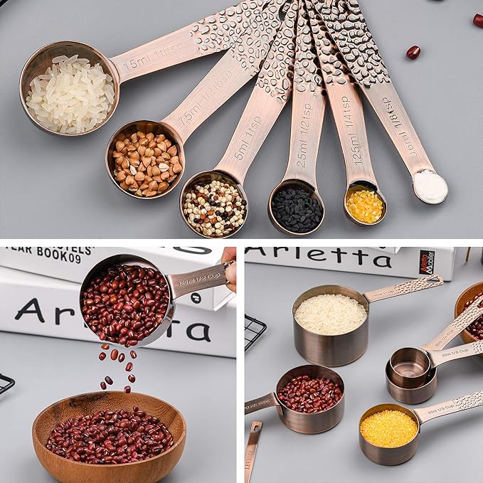Copper Measuring Cups and Spoons - 6 Plated Cups, 7 Metal Spoons, 1 Leveler - Dry Measure Set