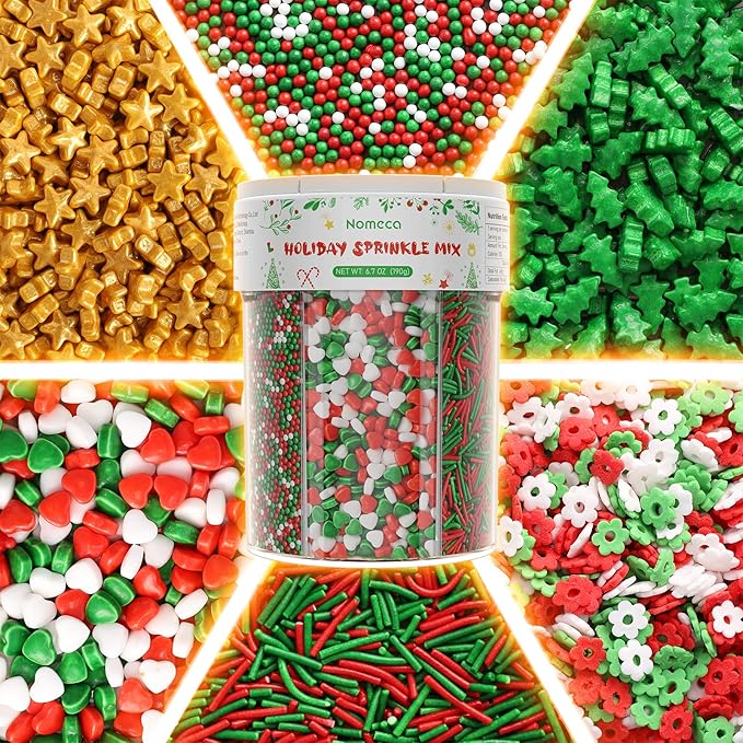Christmas Sprinkles for Cake Decorating - Fancy Star Cake Sprinkles 6 Cell Edible Cupcake Sugar Mix Set for Holiday Cookie Jimmies for Baking Red Green Gold -6.7OZ